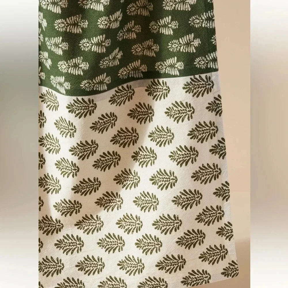 Anthropologie Dish Towel Block Print Olive beige Trudy tea home decor cotton